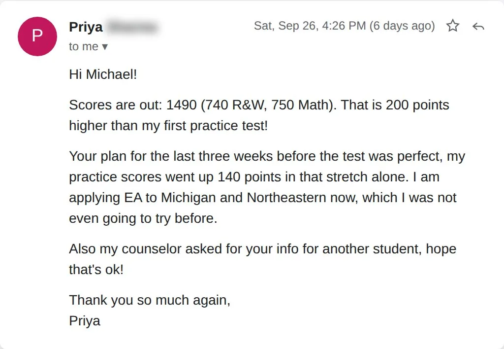 Email from Priya: 1490, 200 points higher than my first practice test.